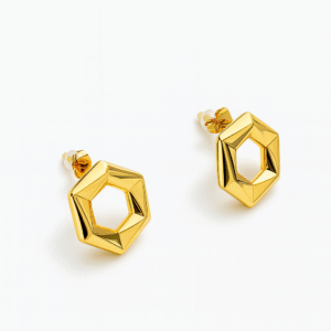 Pendientes Hexagonales Dorados en Acero Inoxidable — Diseño Geométrico Moderno para Mujer