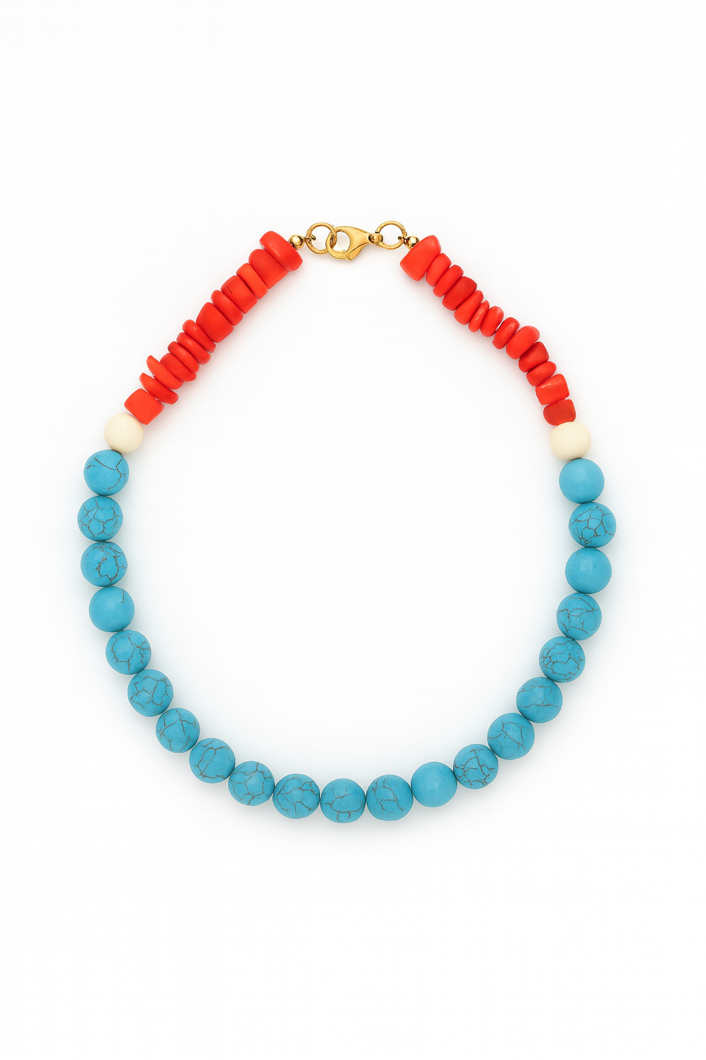 Collar de Cuentas Turquesa y Coral con Detalles Dorados — Estilo Moderno