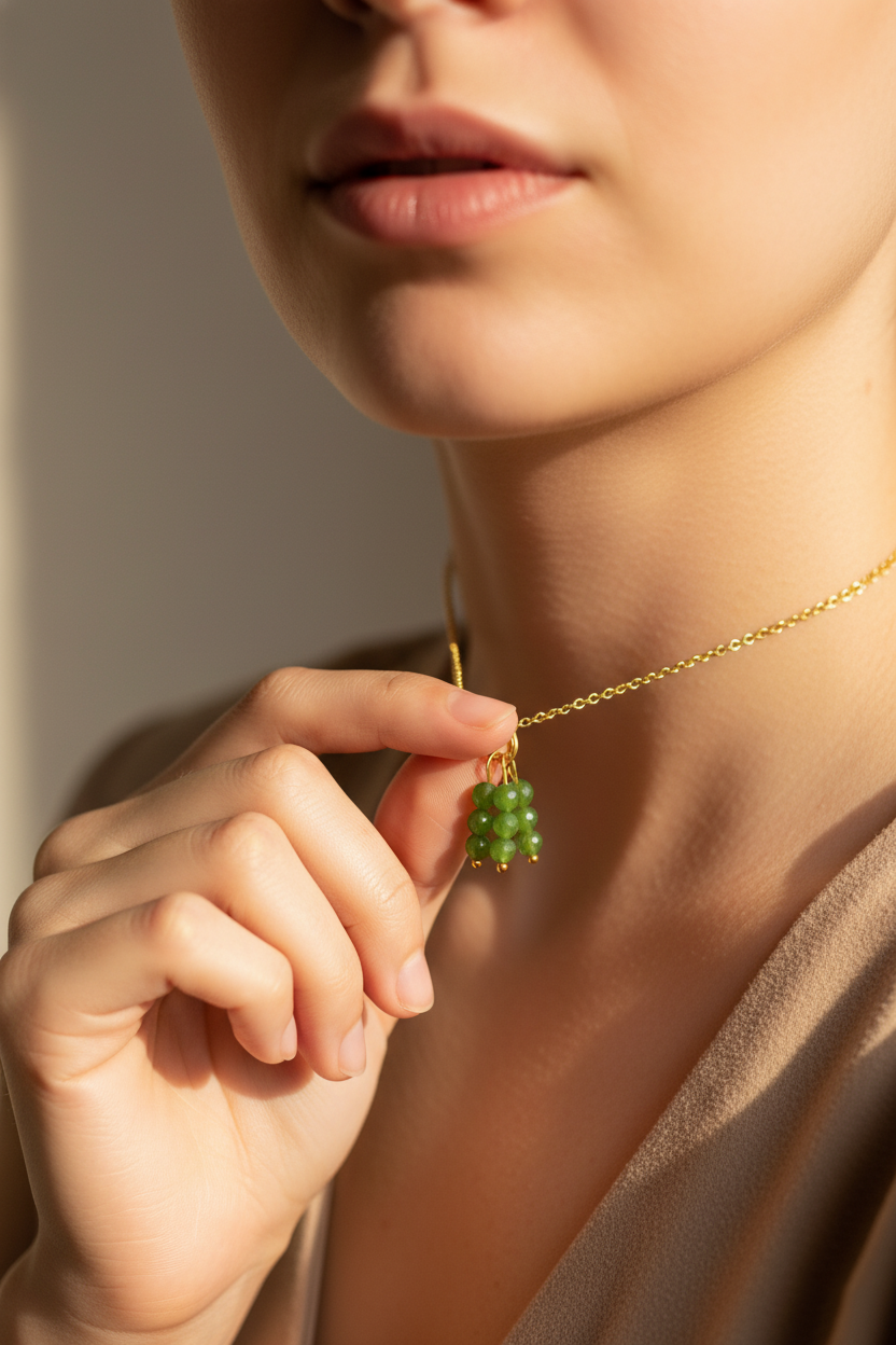 Modelo sosteniendo un collar dorado con charm de racimo de cuentas verdes