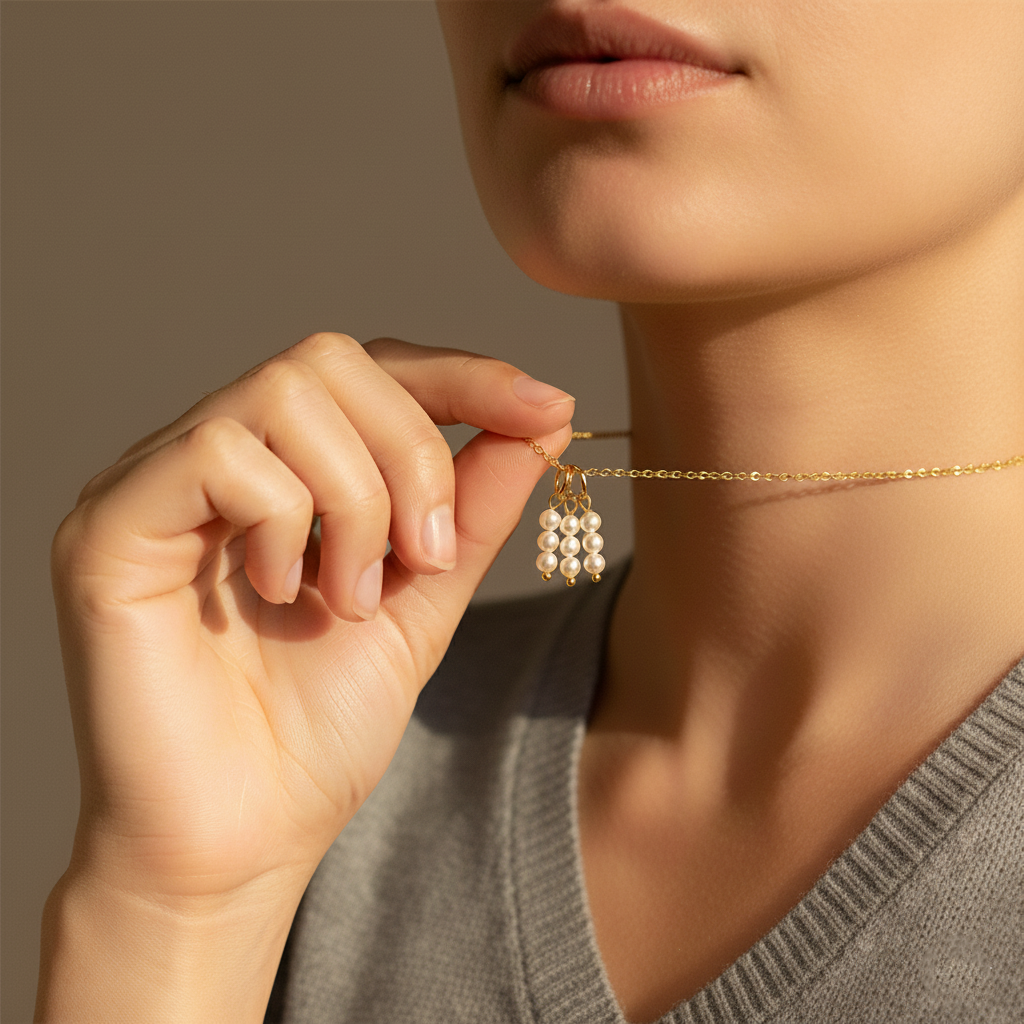 Modelo sosteniendo un collar dorado con charm de racimo de perlas blancas